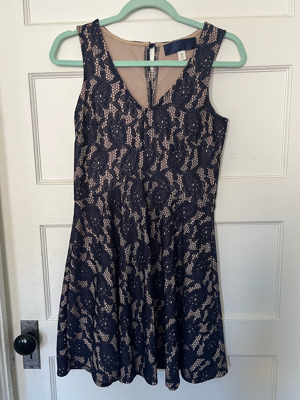 Sleeveless Navy Lace A-Line Dress with Nude Lining